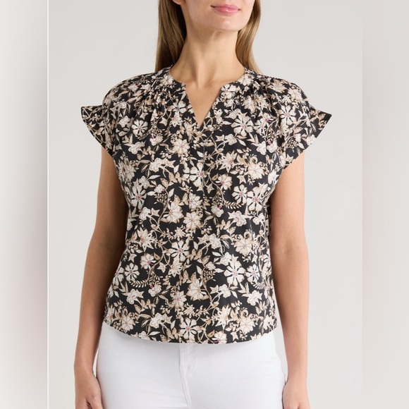 Melrose & Market Floral Black and Cream Women's Designer Blouse Size Medium - Picture 1 of 16